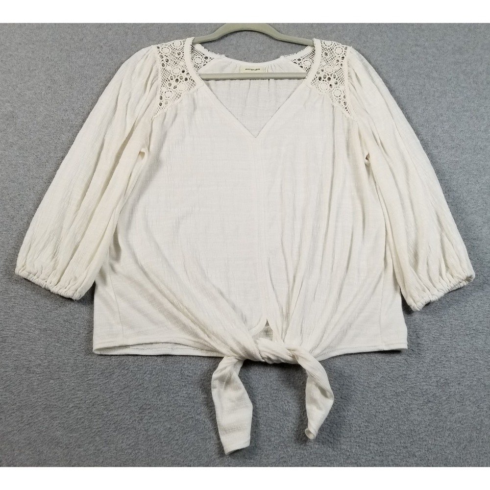 Max Studio Blouse Womens S Small White‎ Sheer Lace Tie Front Boho Stretch Top